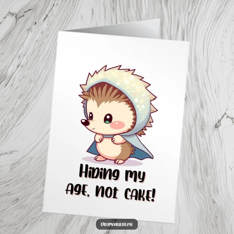 Funny Free Printable Hedgehog Birthday Card: a shy hedgehog peeks from a sparkly cape, one eye visible.