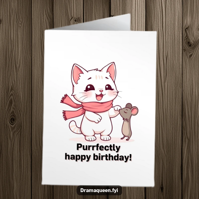 Funny Free Printable Birthday Card: Happy kitten with a pink scarf dramatically reaching for a toy mouse, full of playful intent.