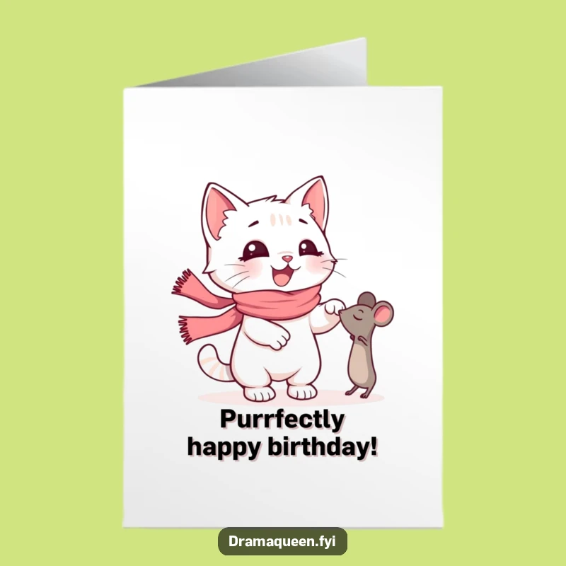 Free Printable Kitten Birthday Card: Funny Scarf Cat Reaching for Toy Downloadable Gift