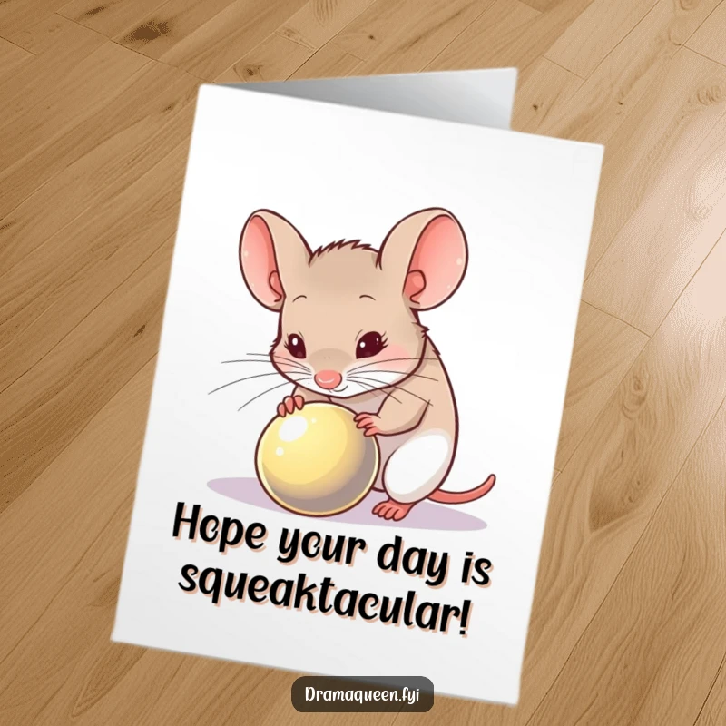 Funny Free Printable Birthday Card: Timid mouse cautiously inspecting a shiny object with suspicion, perfect downloadable gift.