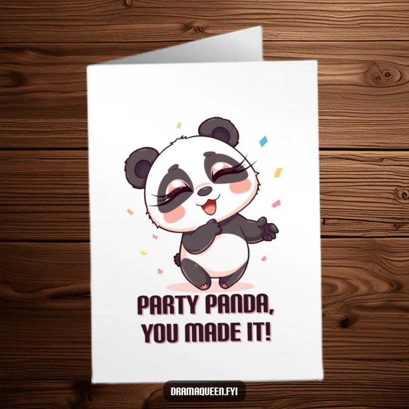 Funny Free Printable Birthday Card: Panda with long eyelashes dramatically throwing confetti, celebrating with exaggerated flair.