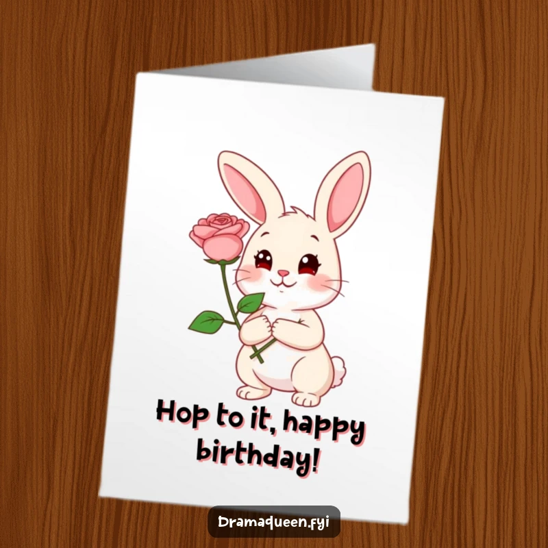 Funny Free Printable Birthday Card: Cheerful rabbit holding a large rose, striking a coy and sweet pose.