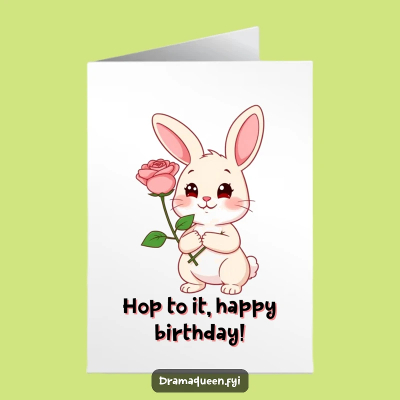 Free Printable Rabbit Birthday Card: Funny Coy Rabbit with Rose Downloadable Gift