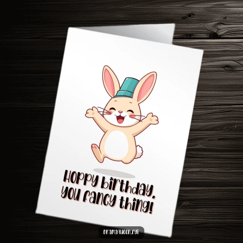Funny Free Printable Birthday Card: A very happy rabbit wearing a fancy hat jumps with pure glee.