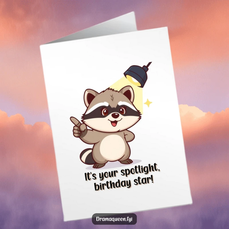 Funny free printable birthday card with a mischievous raccoon pointing to a spotlight, a humorous and downloadable card for celebrations.
