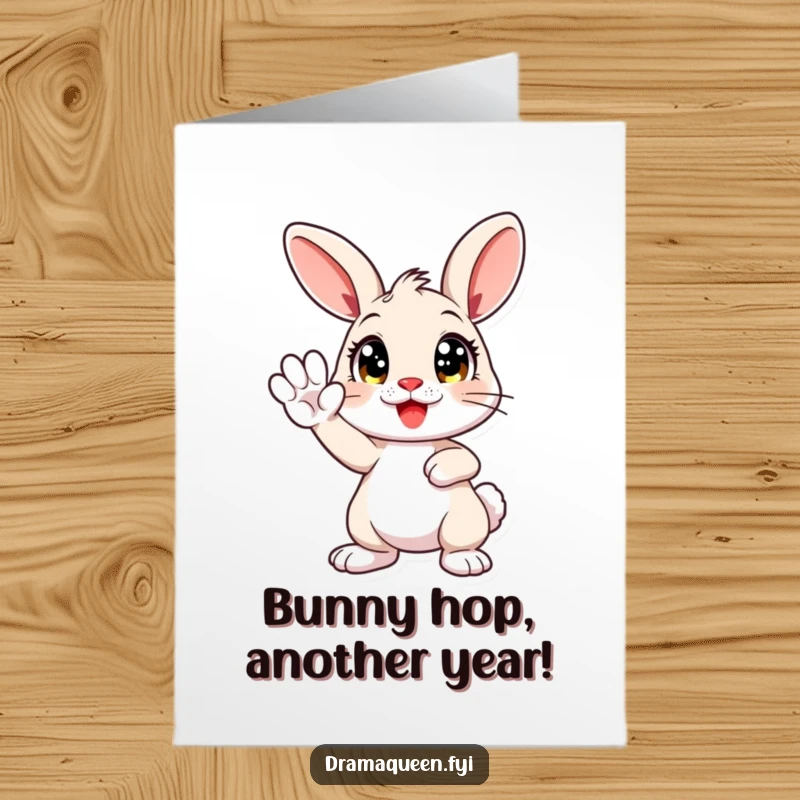 Funny Free Printable Bunny Birthday Card: A dramatic bunny striking a pose with a paw held high, ready to party. DIY downloadable card.