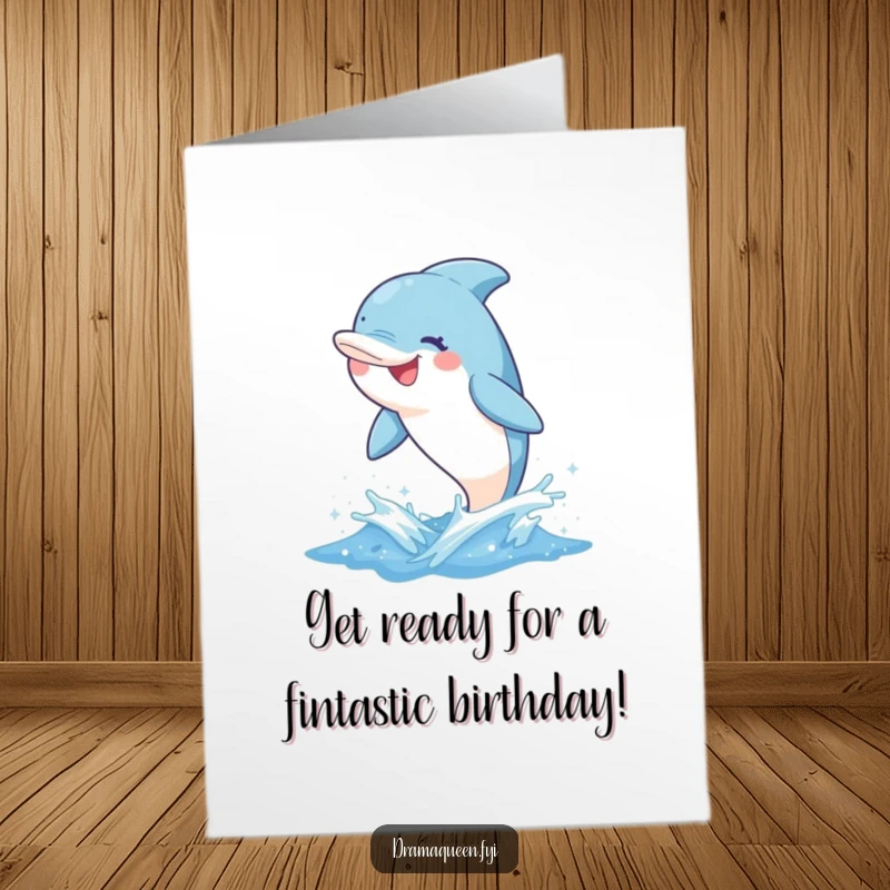 Funny Free Printable Birthday Card: A delighted dolphin leaps from a tiny, sparkly wave with a whimsical grin, celebrating joyfully.
