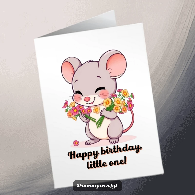 Funny Free Printable Mouse Birthday Card: A cheerful mouse bows gracefully with a bouquet of colorful flowers for your birthday. Downloadable.