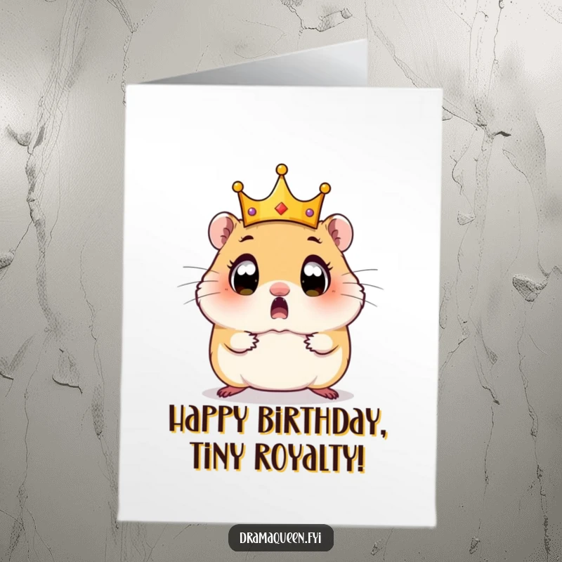 Funny Free Printable Birthday Card: Surprised hamster with wide eyes as its tiny crown falls off, a regal oops moment.