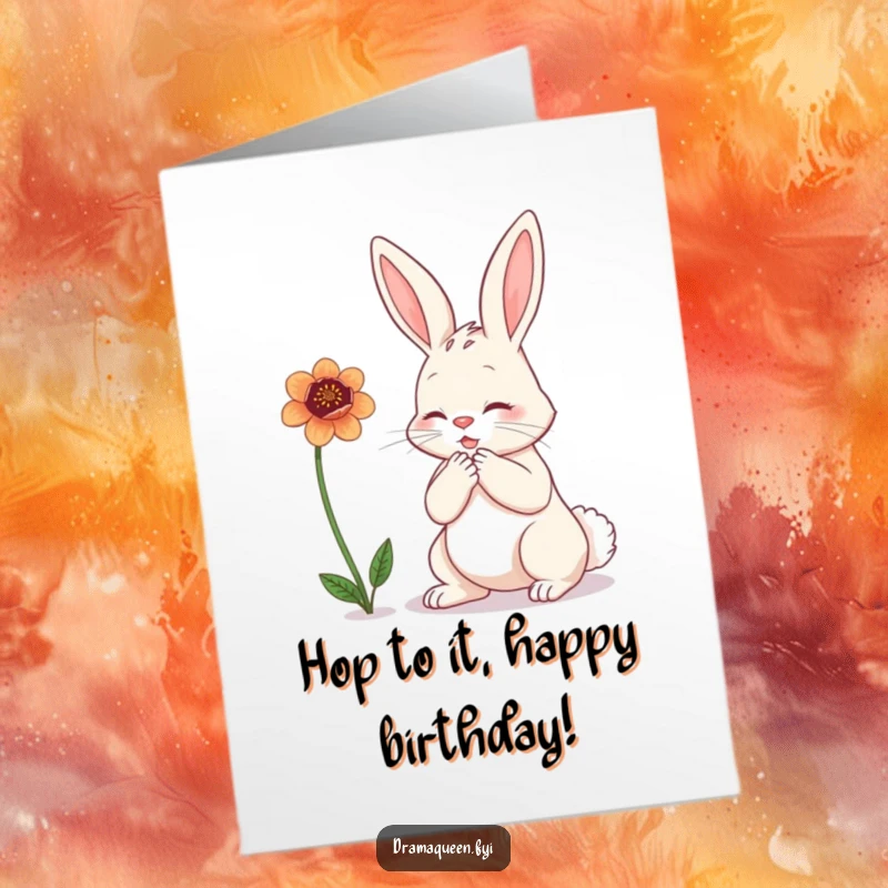 Funny Free Printable Birthday Card: a bunny clutching its chest dramatically while gazing sadly at a wilting flower.