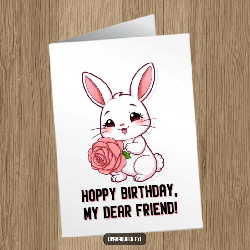 Funny Free Printable Birthday Card: A cheerful rabbit holding a large rose with a coy expression, a sweet gift.