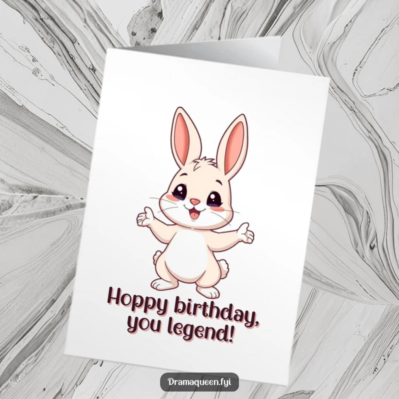 Funny free printable birthday card of a playful bunny dramatically posing with ears perked high, ready for celebration.