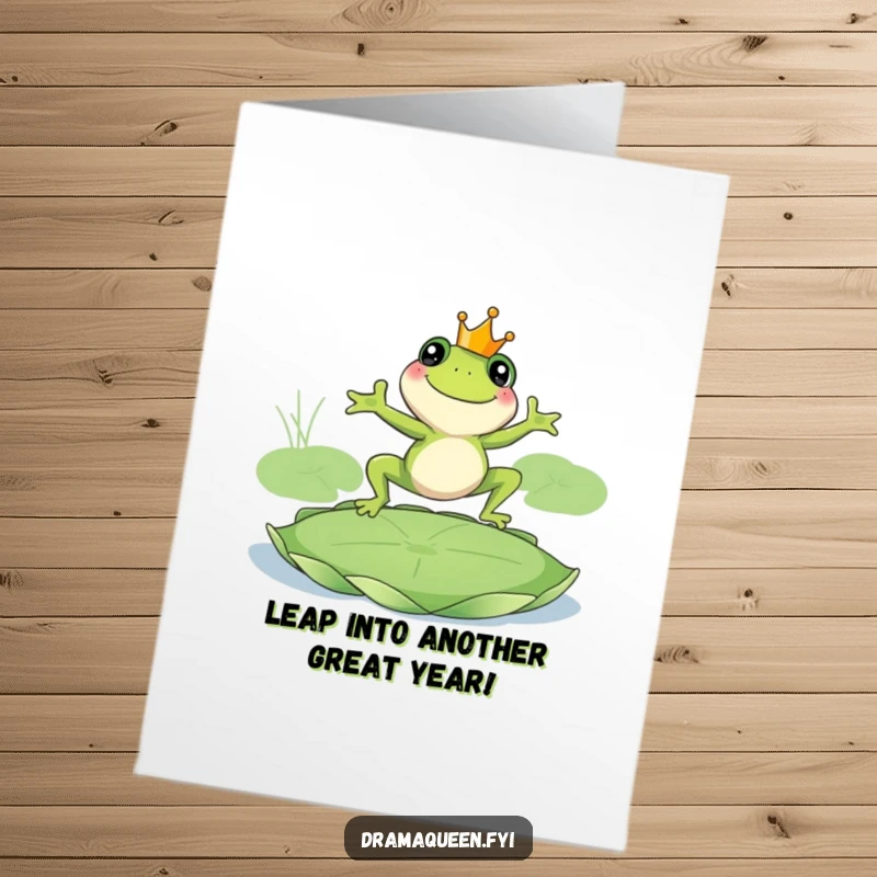 Funny Free Printable Birthday Card A smiling frog king leaping onto a giant lily pad with birthday joy.