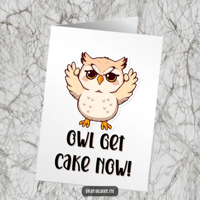 Funny Free Printable Birthday Card: A dramatic owl throws its wings up in mock despair, eyes wide with theatrical exasperation.