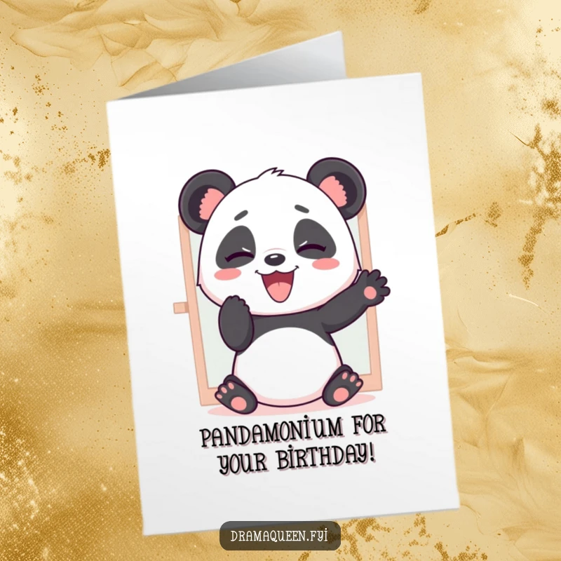 Funny Free Printable Birthday Card: Giggling panda in mirror practicing dramatic poses with a smile.