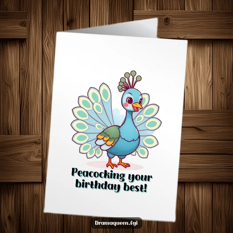 Funny Free Printable Birthday Card: A regal peacock grins widely while fanning its magnificent tail feathers.