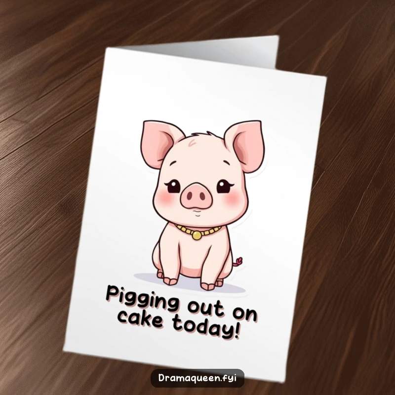 Funny Free Printable Piglet Birthday Card: a cute piglet with a necklace seeks attention playfully.