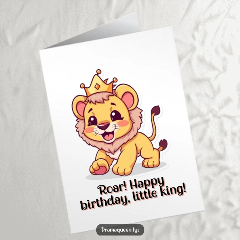 Funny Free Printable Birthday Card: A beaming lion cub wearing a small crown playfully pounces with joy.