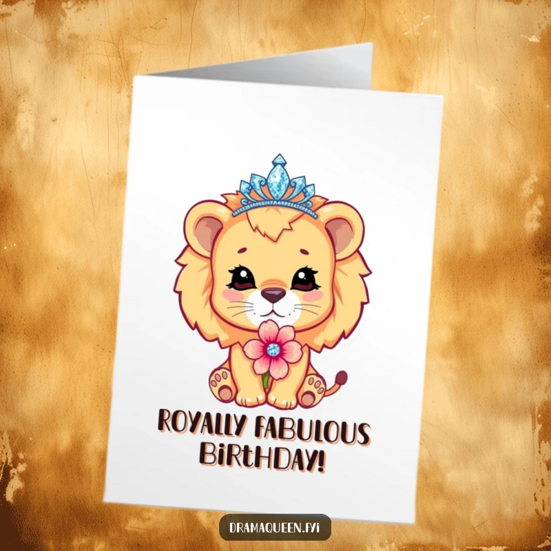 Funny Free Printable Birthday Card: Cute lion cub wearing a tiara, pouting dramatically with a flower, ready for birthday wishes.
