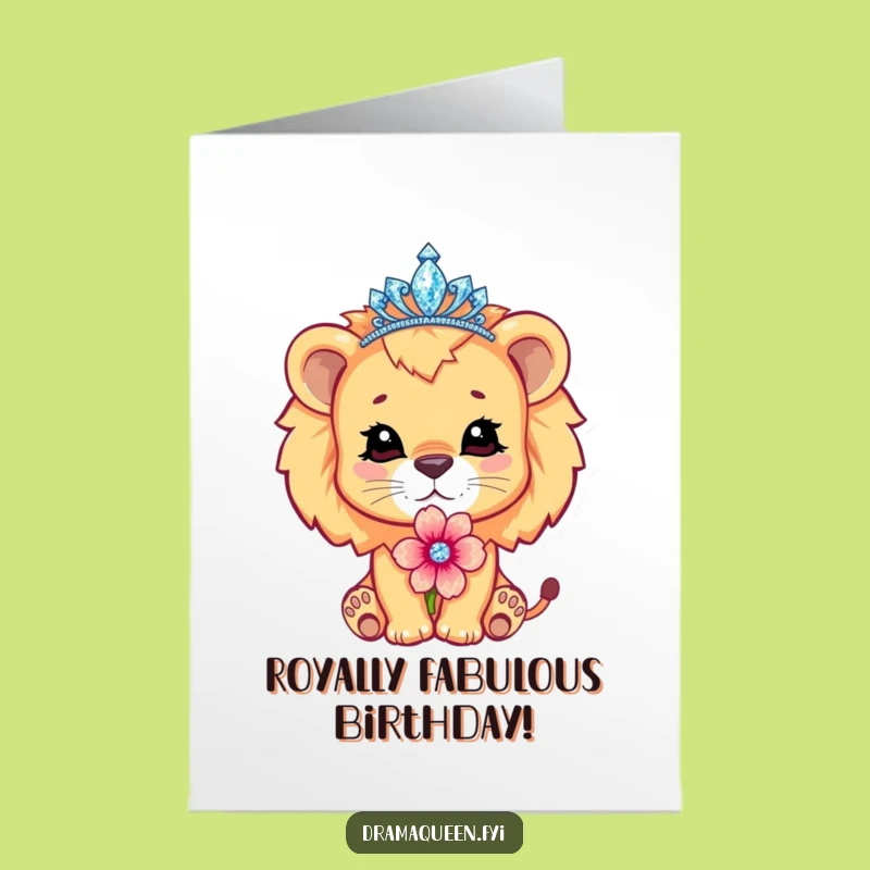 Free Printable Birthday Card: Pouting Lion Cub, Sparkling Tiara, Funny Downloadable Gift