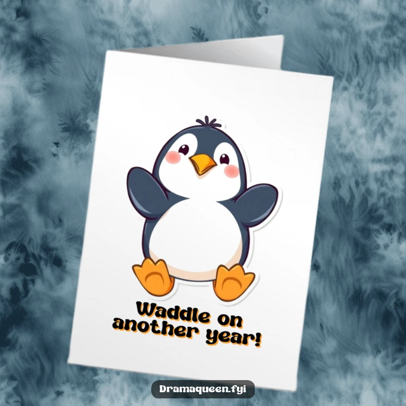 Funny free printable penguin birthday card, playfully posing with flippers out, ready to celebrate with enthusiasm.