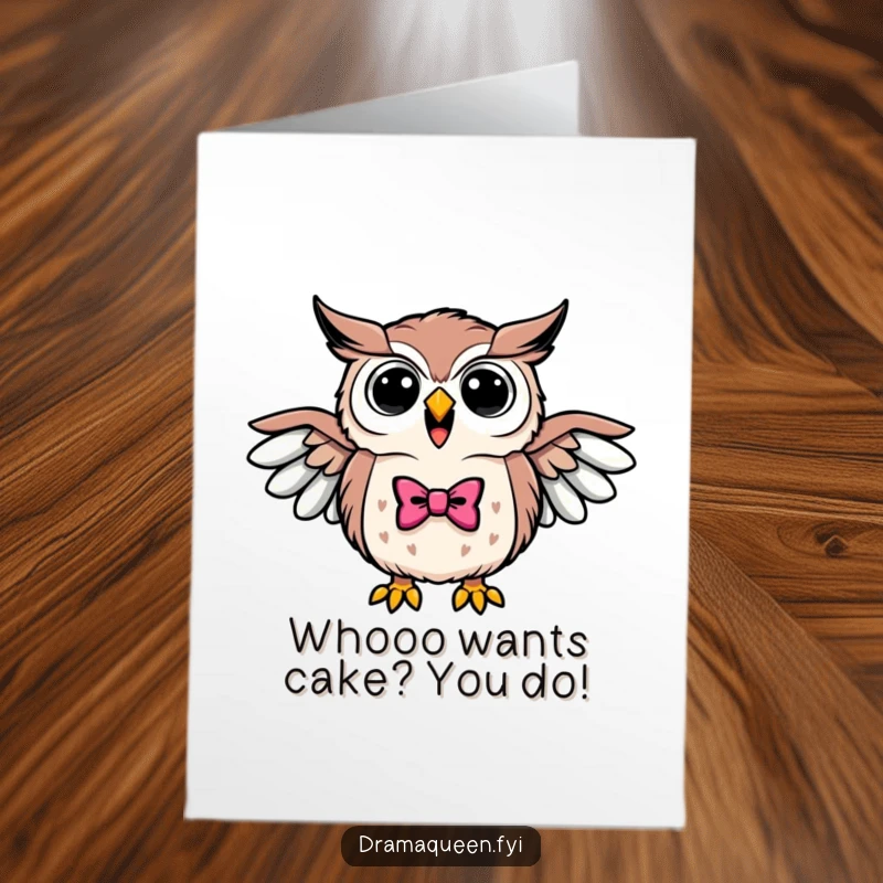 Funny Free Printable Birthday Card: Triumphant owl wearing a bowtie hoots loudly with wings outstretched in celebration.