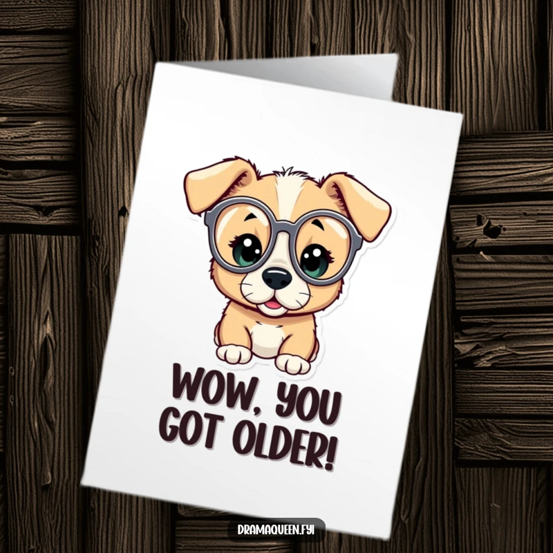 Funny Free Printable Puppy Birthday Card: A curious puppy peeking through opera glasses, amazed at the birthday fun. Downloadable.