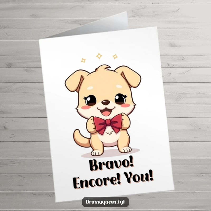Funny Free Printable Congrats Card: A dog with a huge grin performing a theatrical bow, celebrating an achievement with pure delight. A grand gesture.