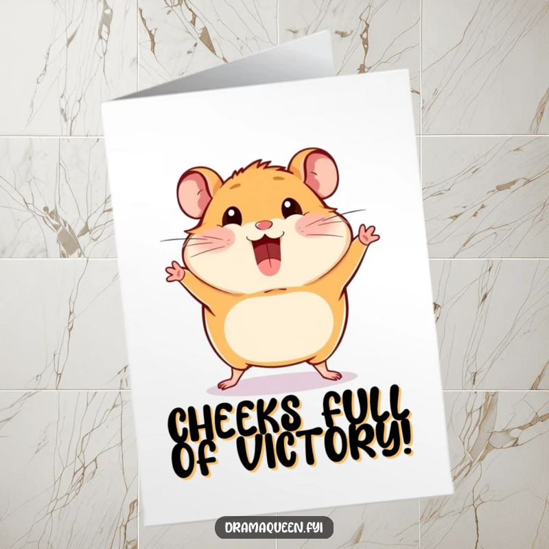 Funny free printable congratulations card featuring a happy hamster striking a dramatic pose with delightfully puffed-out cheeks.