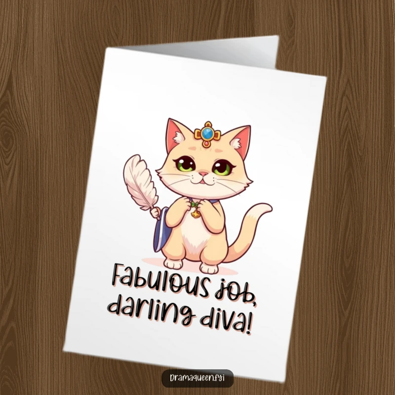 Funny Free Printable Congratulations Card: A regal cat fans herself dramatically with a feather, acknowledging a win.