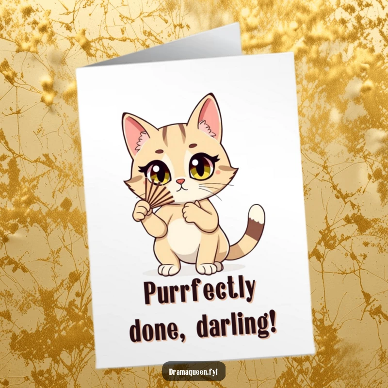Funny Free Printable Congratulations Card: A stylish cat flutters a fan, her wide eyes conveying dramatic enthusiasm for your success.