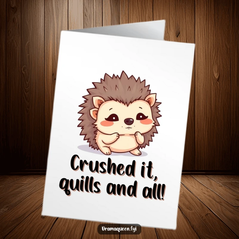 Funny Free Printable Congrats Card A tiny hedgehog with a flustered expression shaking its quills with surprise.