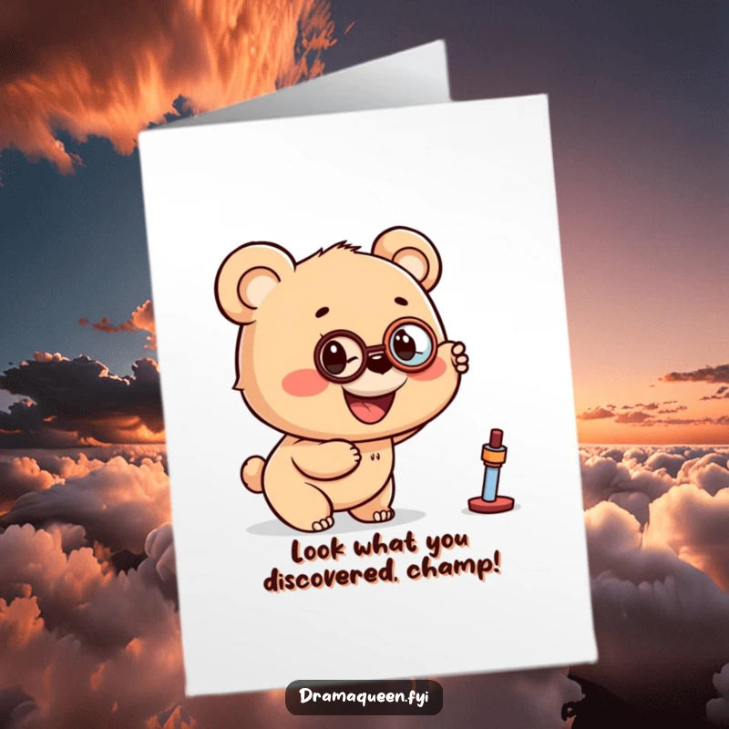 Funny Free Printable Congrats Card: Smiling bear cub with a monocle excitedly points towards a distant, noteworthy object.