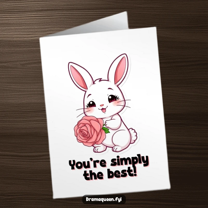 Funny Free Printable Congratulations Card: A rabbit with a coy expression holding a large rose, celebrating success.