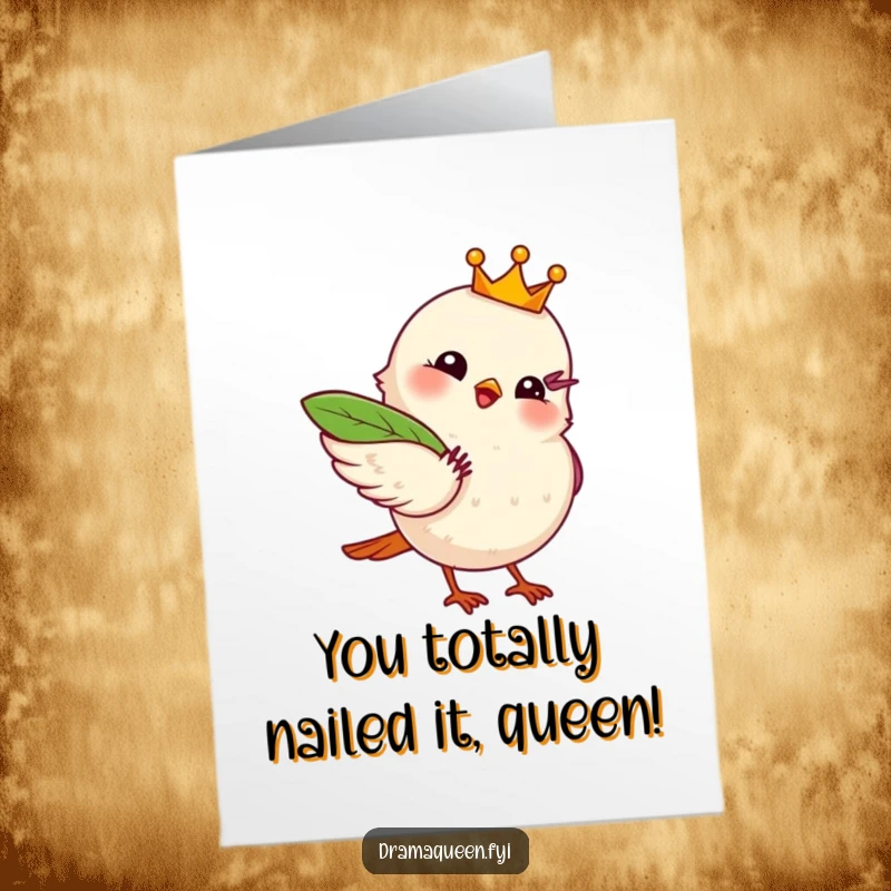 Funny Free Printable Congrats Card: Bird wearing a crown dramatically fans itself with a leaf, celebrating success.
