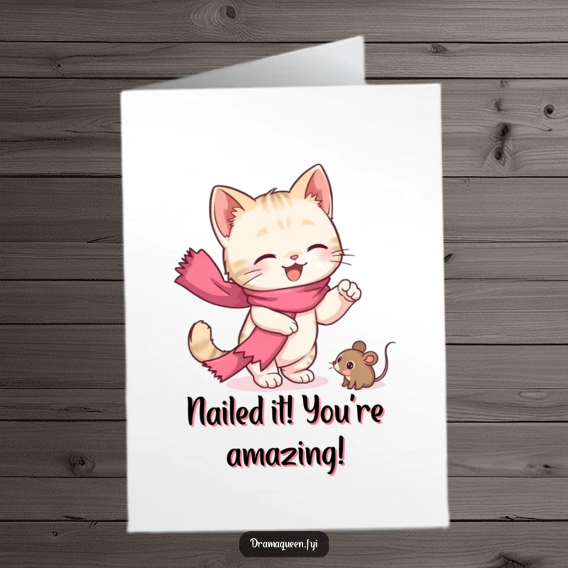 Funny Free Printable Congratulations Card: A kitten with a flowing pink scarf reaching for a toy mouse, celebrating success.