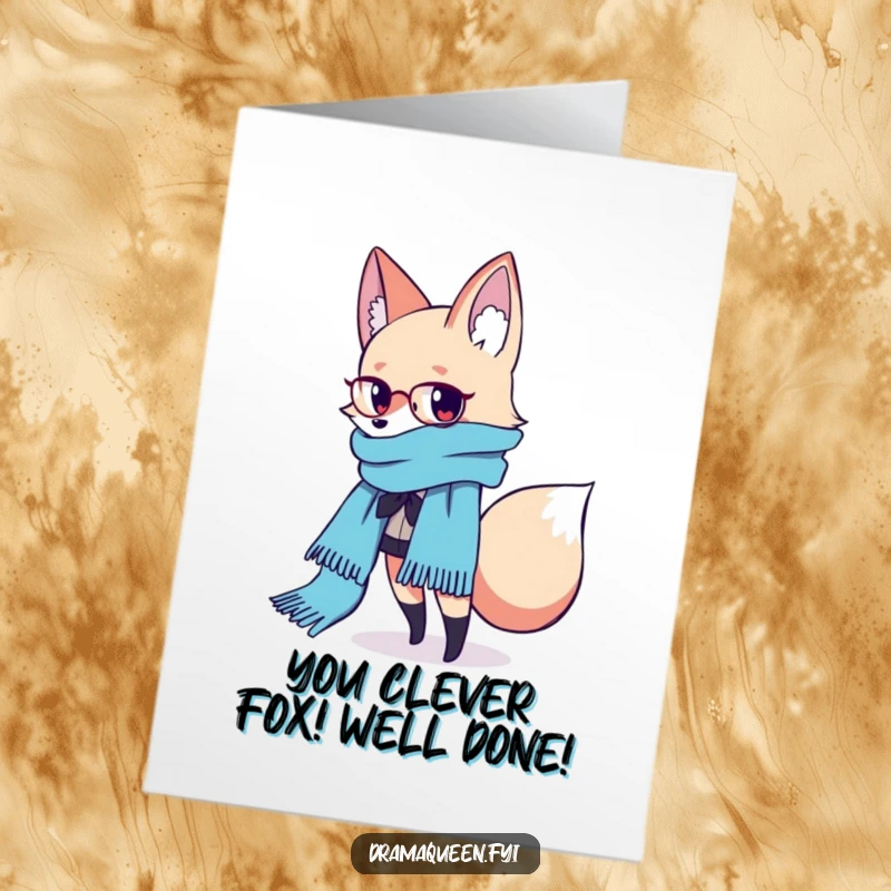 Funny Free Printable Congratulations Card showing a fashionable fox character striking a pose with a long, flowing, elegant scarf.