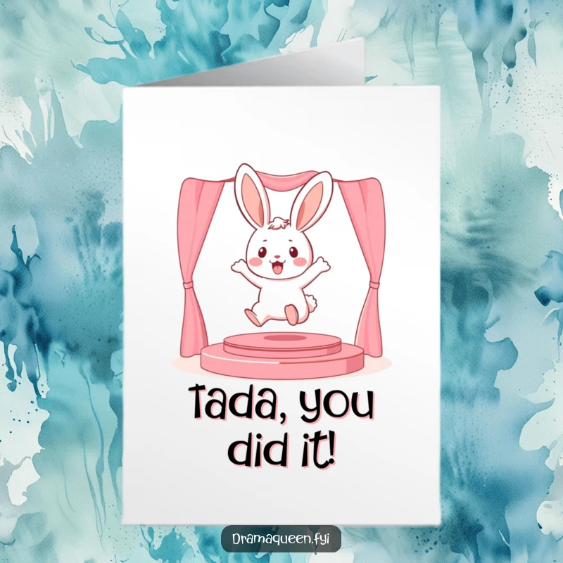 Funny Free Printable Congratulations Card: A playful bunny leaps onto a miniature stage, celebrating a triumph.