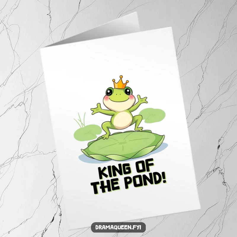 Funny Free Printable Congrats Card A smiling frog king leaps onto a lily pad celebrating a big success.