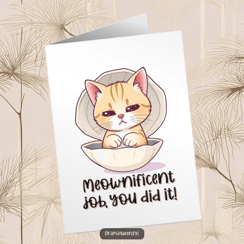 Funny Free Printable Congratulations Card: Cat practicing a sad face in a seashell, a humorous way to acknowledge success.