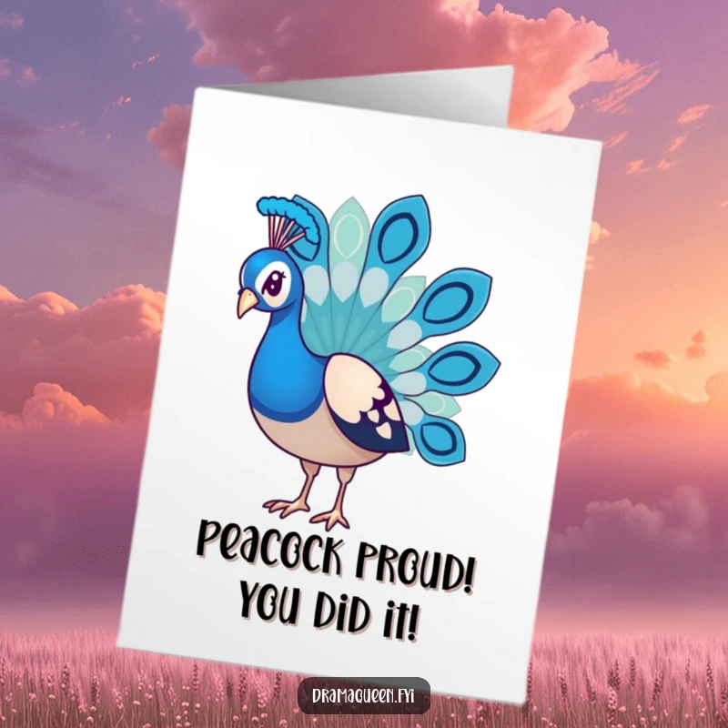 Funny Free Printable Congratulations Card: Fashionable peacock with droopy feathers striking a sad pose as a quirky greeting.