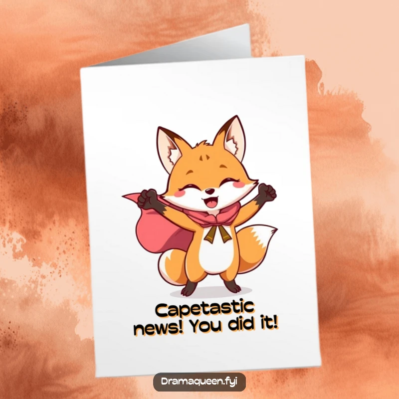 Funny Free Printable Congrats Card: A joyful fox with a flowing cape strikes a heroic, triumphant pose.