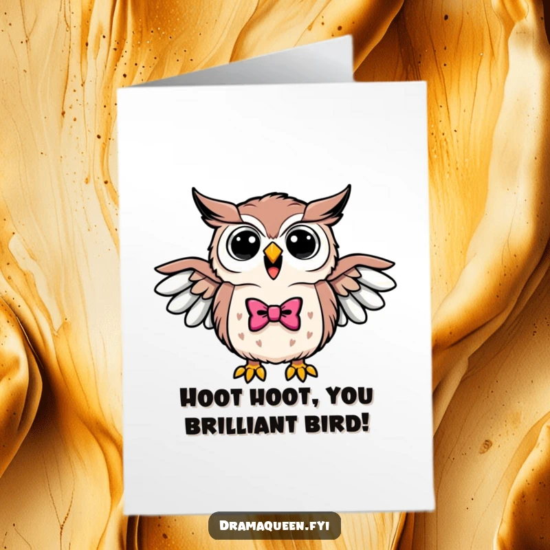 Funny Free Printable Congrats Card: Triumphant owl in a bowtie hoots loudly, wings spread wide in victory.