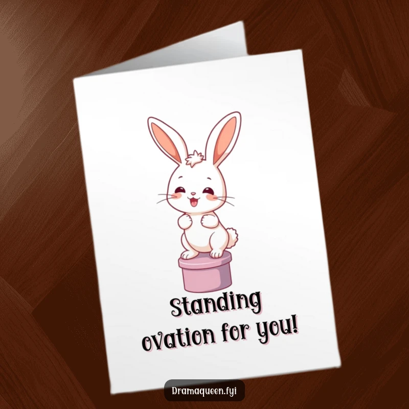 Funny Free Printable Congratulations Card: A happy bunny with perked ears striking a dramatic pose on a small pedestal, beaming.