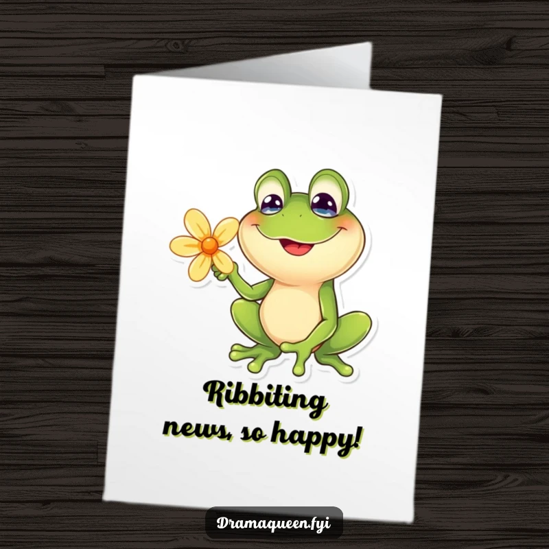 Funny Free Printable Congratulations Card: A joyful frog with a goofy smile striking a dramatic pose with a vibrant flower.