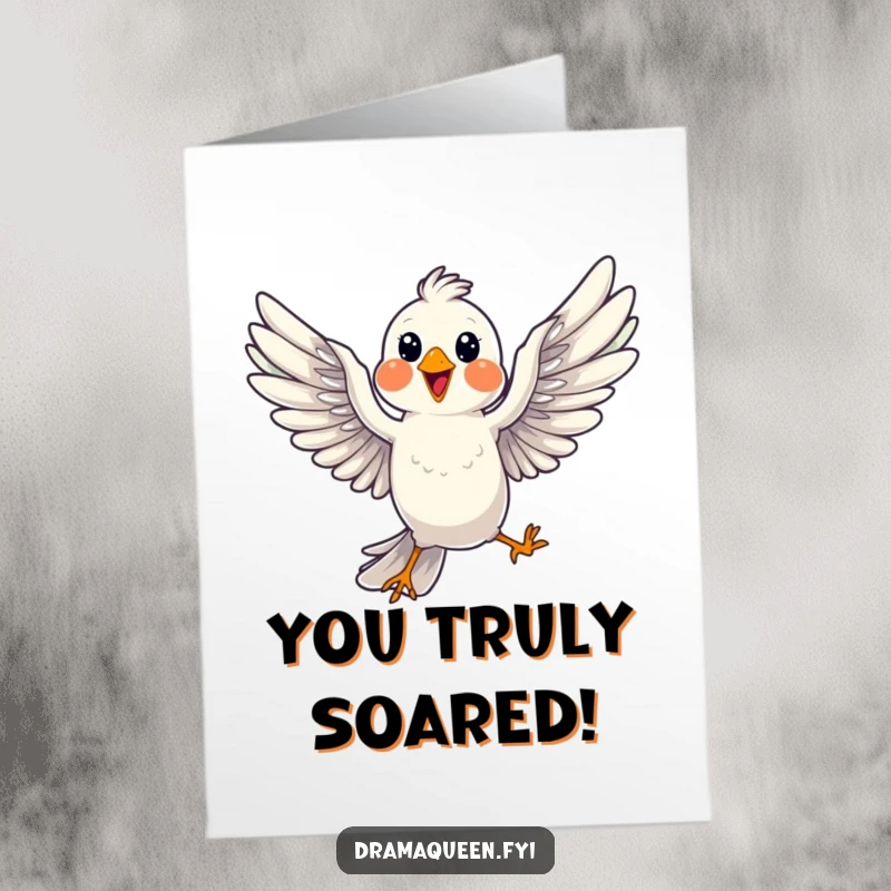 Funny free printable congratulations card featuring a cheerful bird in a dramatic mid-flight pose with wings fully spread.