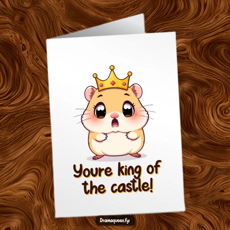 Funny Free Printable Congratulations Card: A wide-eyed hamster stunned as its miniature crown slips off its head, celebrating a funny win.
