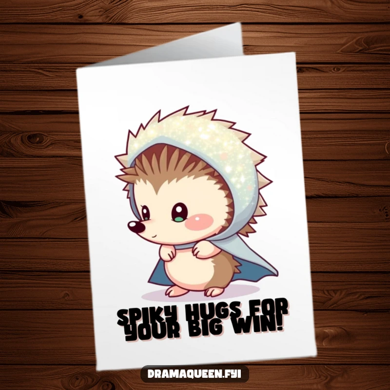 Funny Free Printable Hedgehog Congratulations Card: shy hedgehog with sparkly cape, celebrating a win discreetly.