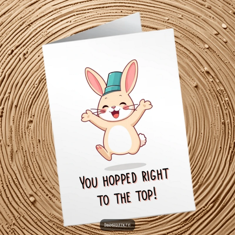 Funny Free Printable Congratulations Card: A very happy rabbit wearing a fancy hat jumps with excitement.