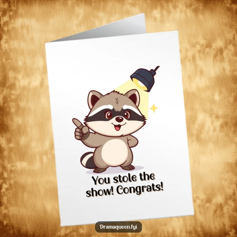 Funny free printable congratulations card featuring a mischievous raccoon pointing at a spotlight, celebrating achievements with downloadable humor.
